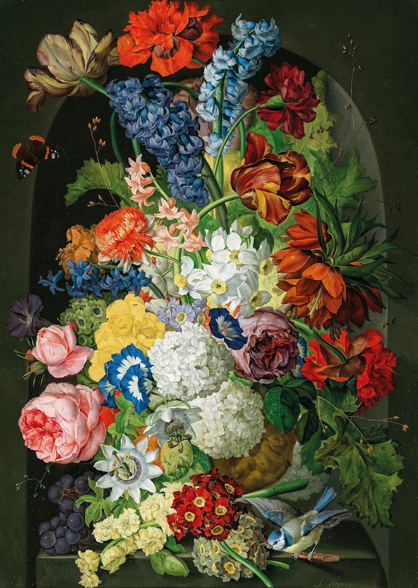 Blumenstück mit Schmetterling und Blaumeise