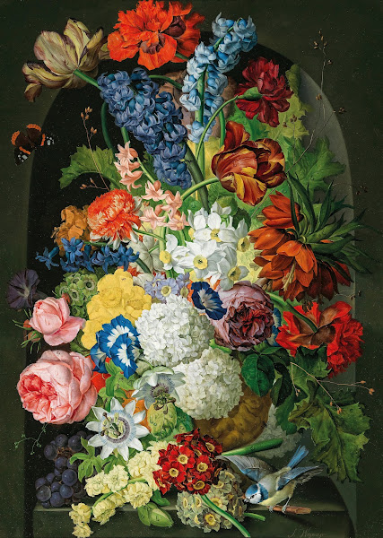 Blumenstück mit Schmetterling und Blaumeise