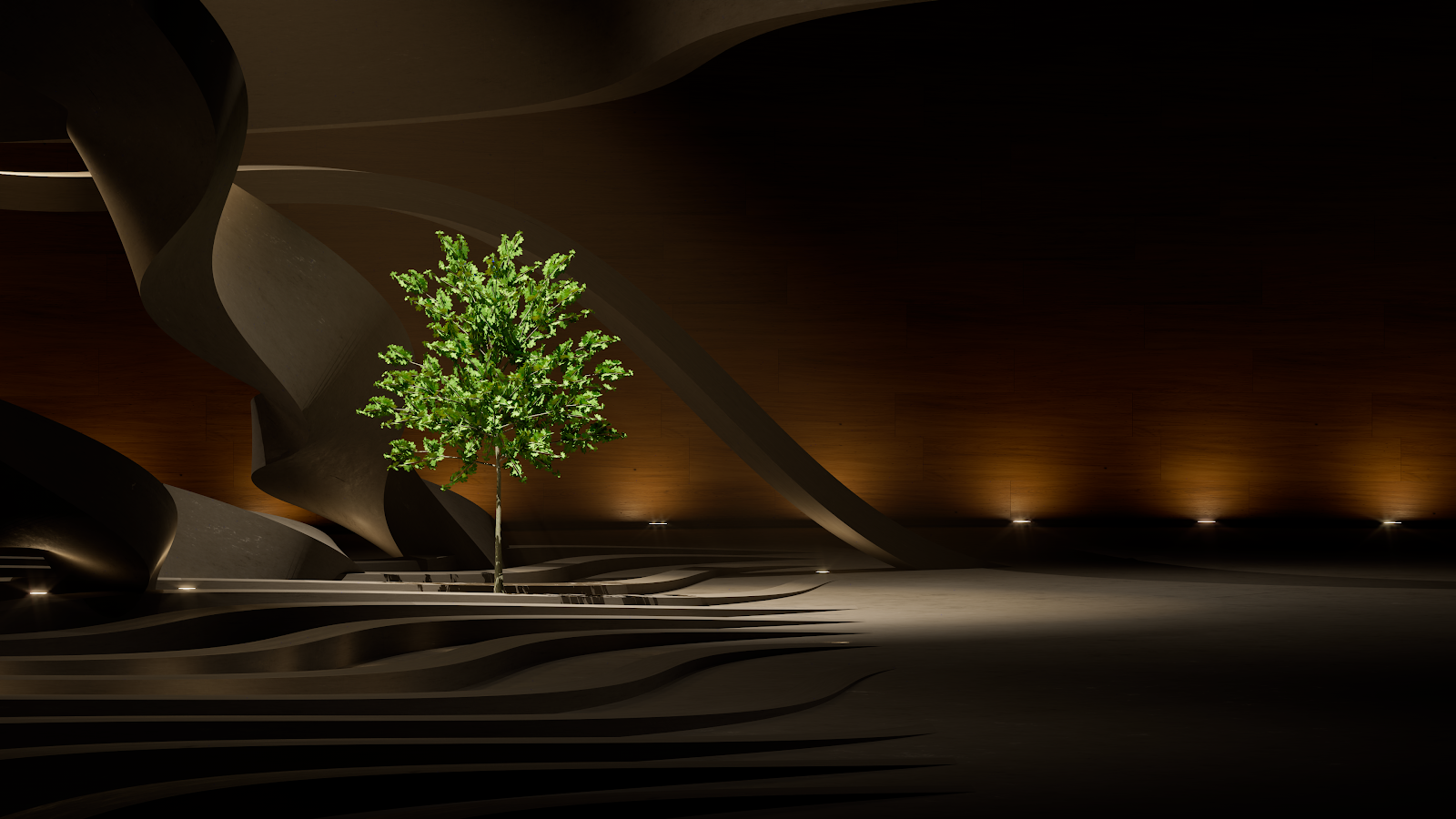 Green Tree In Minimalist Architecture - Architectural Render 4K Wallpaper (3840x2160)