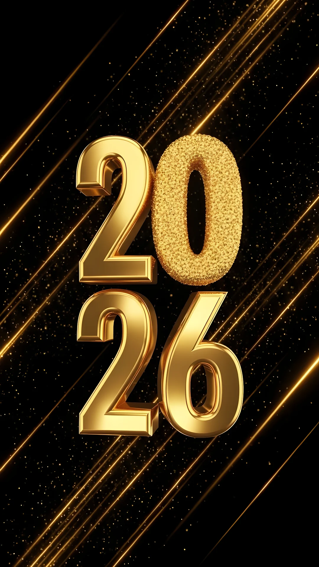 3D Render of Sparkling Gold 2026 Typography on Black Background - Free 4K mobile Wallpaper
