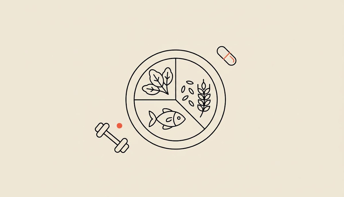 Minimalist line vector of a divided plate with vegetables, protein, and grains plus a small capsule and dumbbell on beige background, concept for belly fat after menopause