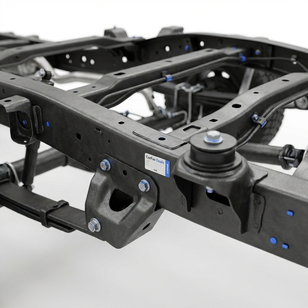 Close up undercarriage showing frame rails and suspension mounts of a toyota tundra used for sale clean inspection photo on white background