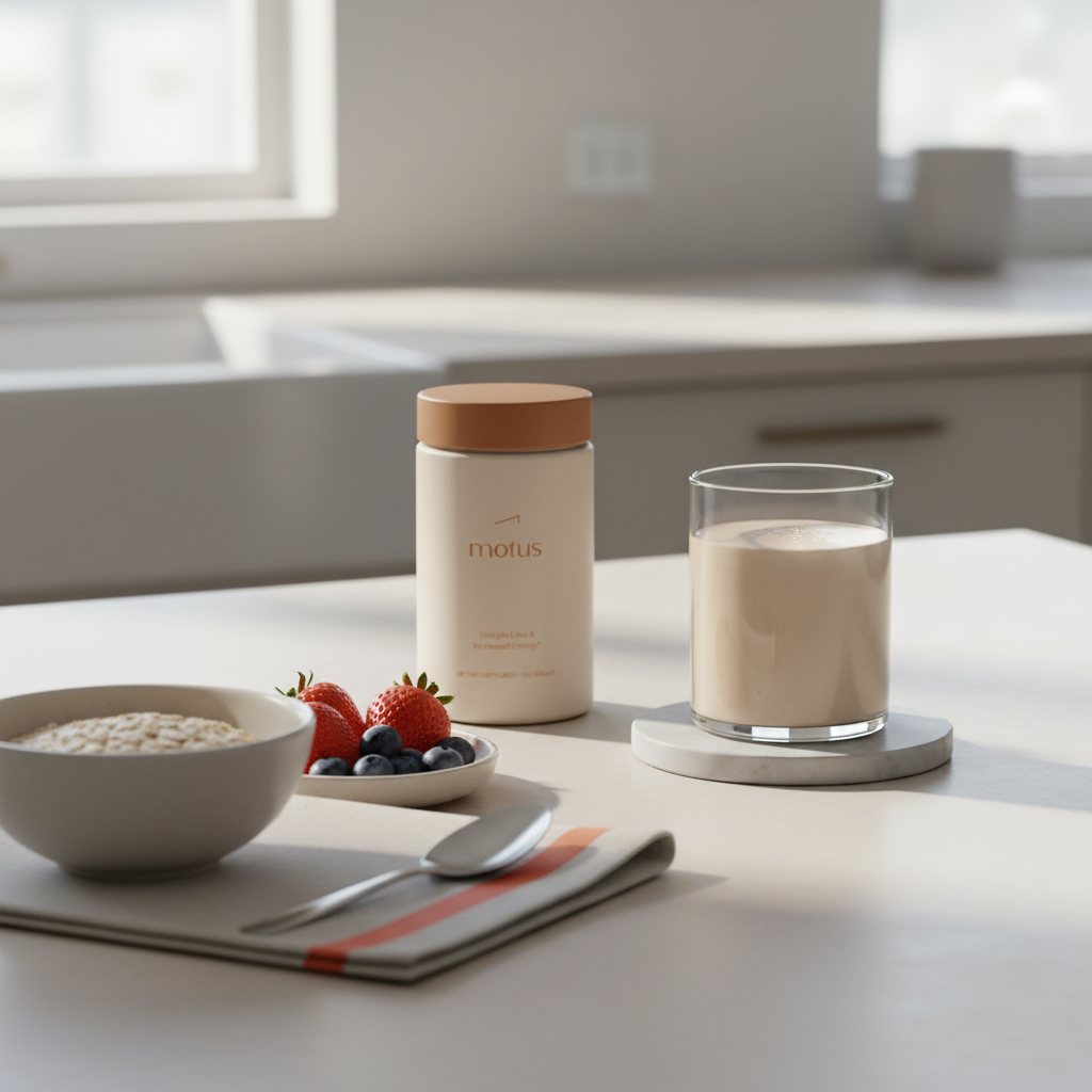 Minimalist kitchen scene with Motus jar, poured shake in a glass, oats bowl and berries highlighting meal replacement powders for weight loss.