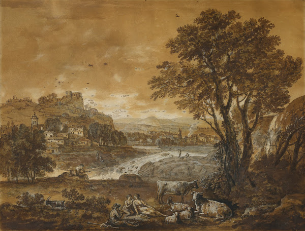 A Landscape with Shepherds Resting Under a Tree by a Cascade mid 1700s