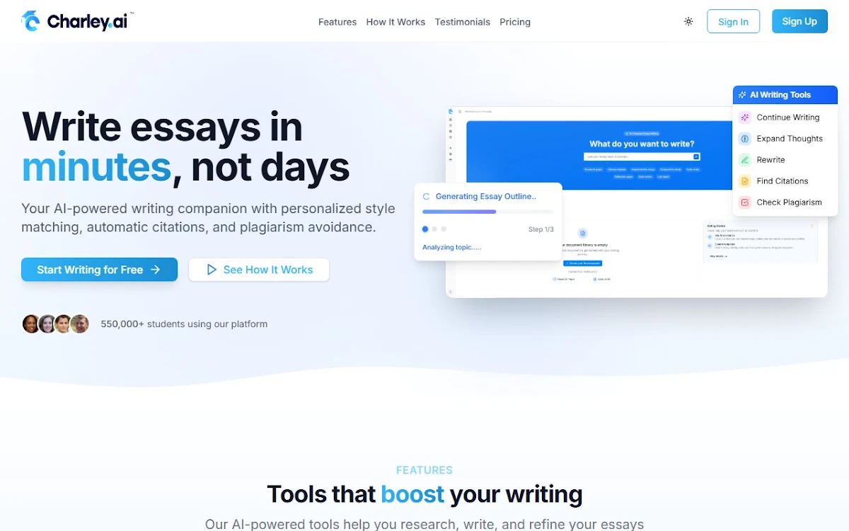 Captura de Charley.ai - AI Essay Writer