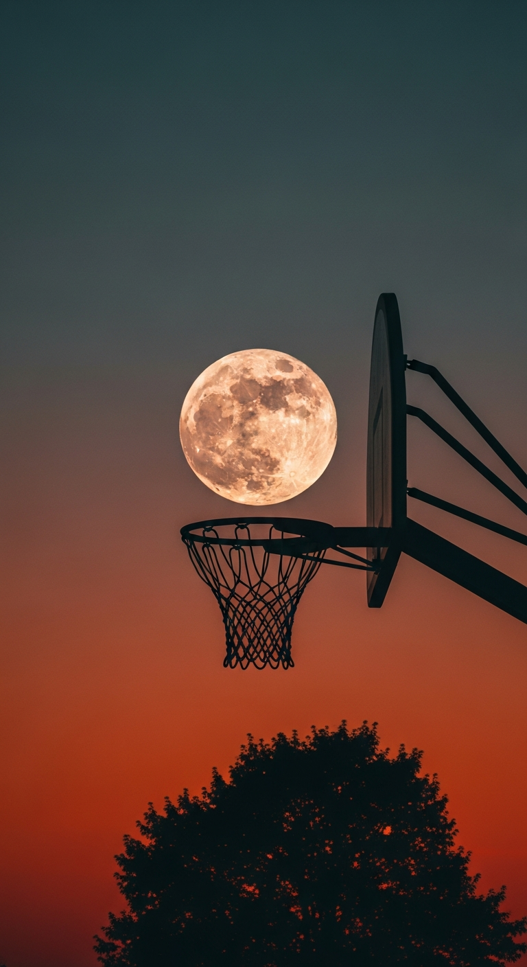 Surreal View of a Full Moon Passing Through a Basketball Hoop at Sunset - Free 4K mobile Wallpaper