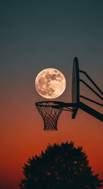 Surreal View of a Full Moon Passing Through a Basketball Hoop at Sunset - Free mobile Wallpaper