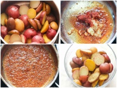 Bắc chảo lên bếp ở lửa vừa, cho bơ, tỏi băm, hạt nêm, ớt bột vào đảo trong khoảng 1 phút. Cho khoảng 1-2 muỗng canh nước luộc khoai vào đun khoảng 5 phút, tắt lửa.