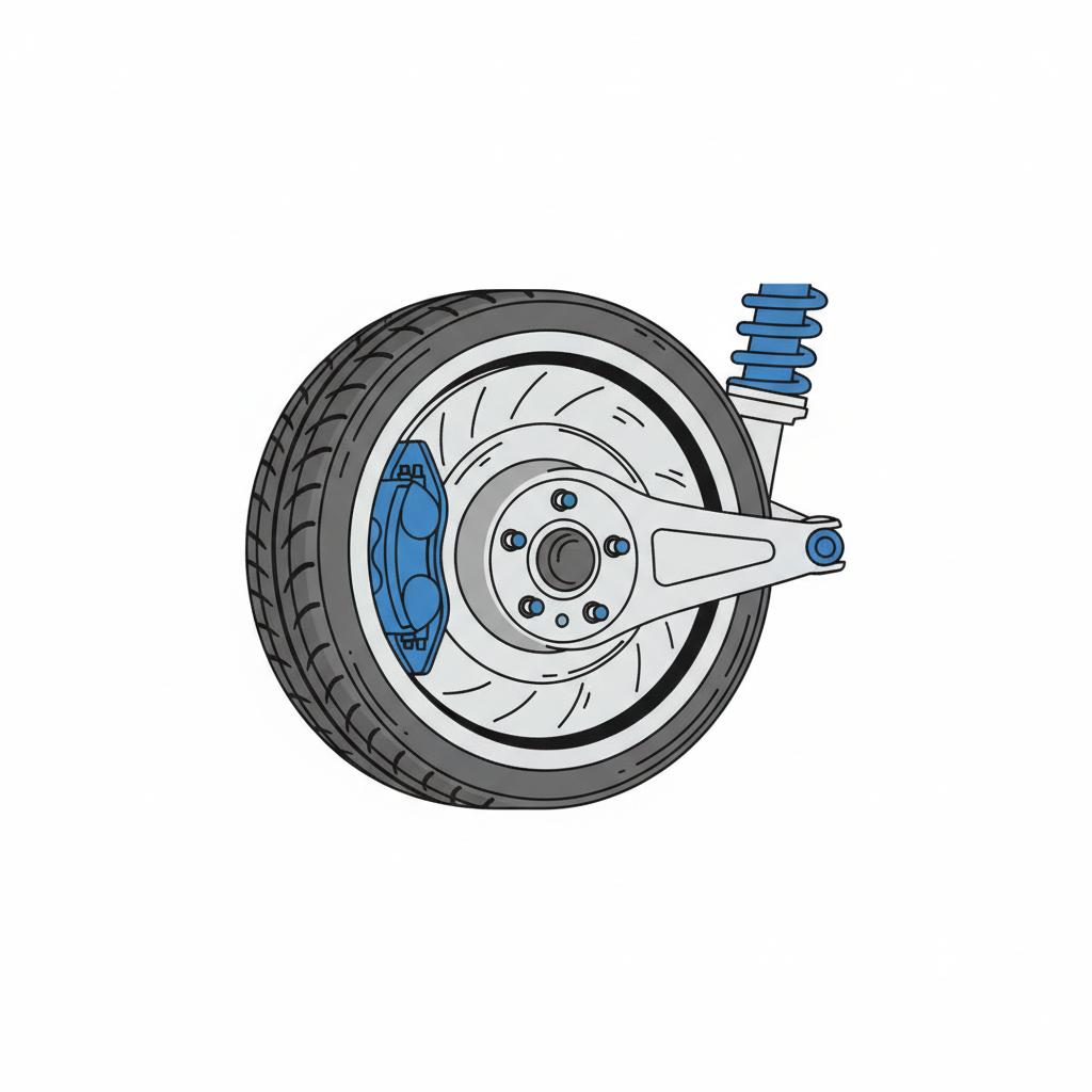 Minimalist vector close up of a nissan 370z for sale wheel and brake assembly showing visible tire wear rotor wear lines and suspension components for inspection