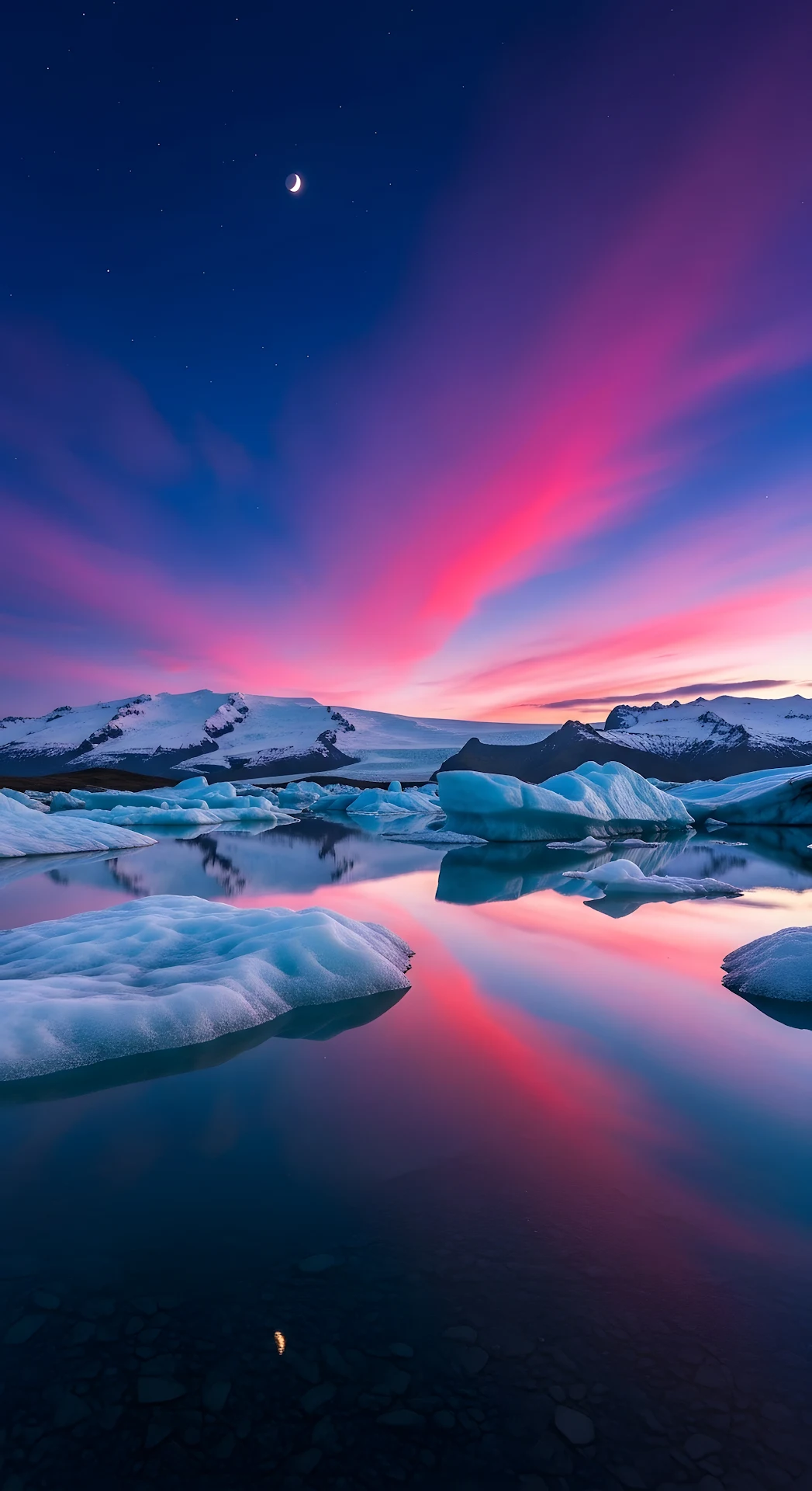 Vibrant Pink Sunset Reflection over Glacial Ice Lagoon - Free 4K mobile Wallpaper