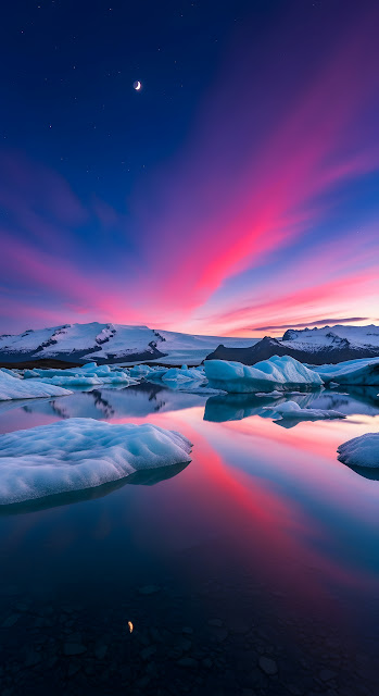 Vibrant Pink Sunset Reflection over Glacial Ice Lagoon - Free mobile Wallpaper