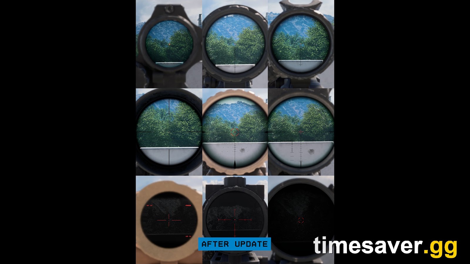 Grid of nine Battlefield 6 optics showing their redrawn reticles after the Update 1.4.3.0 readability pass