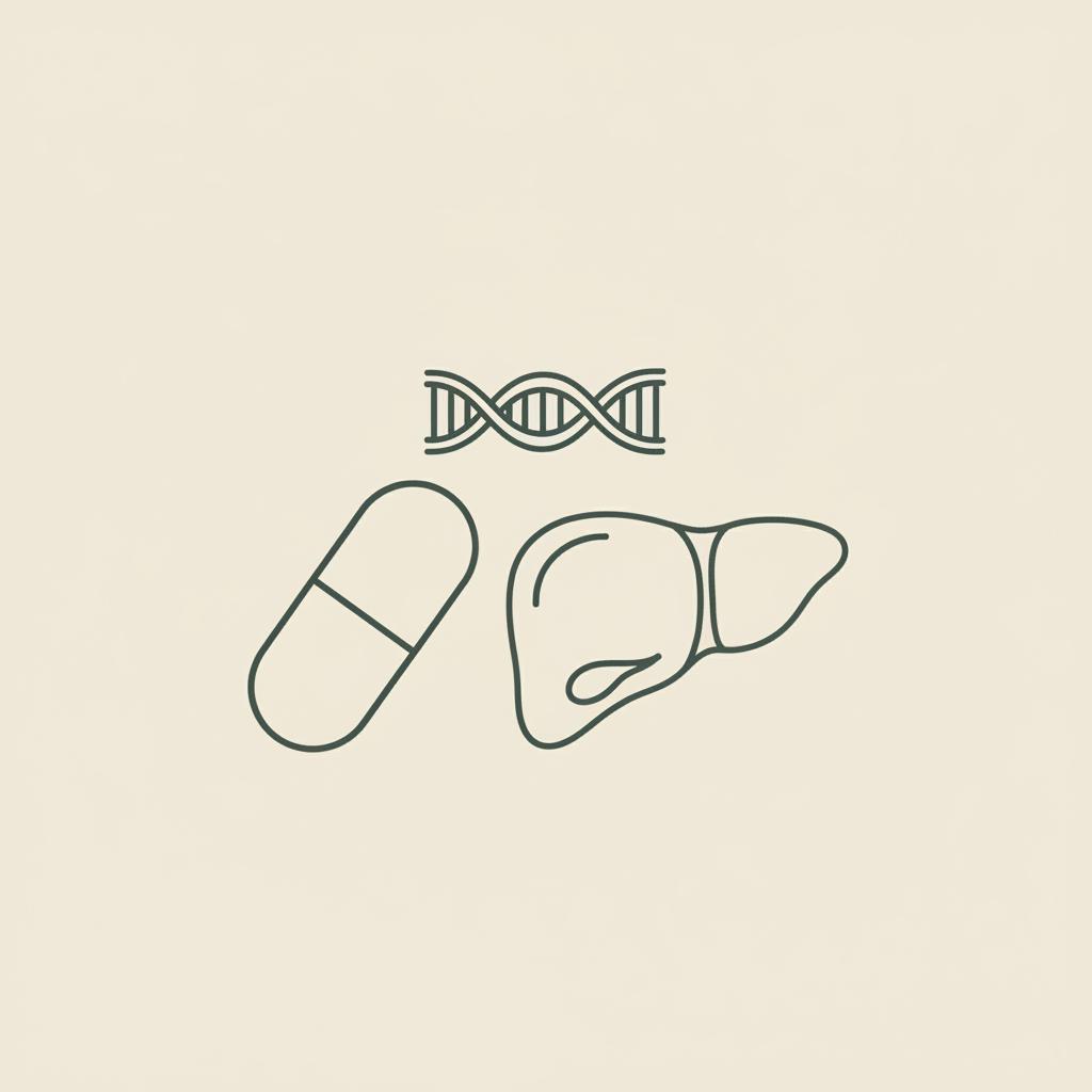Minimal Tonum-style line illustration of a capsule, simplified liver, and DNA helix representing NAD+ supplements on a beige #F2E5D5 background.