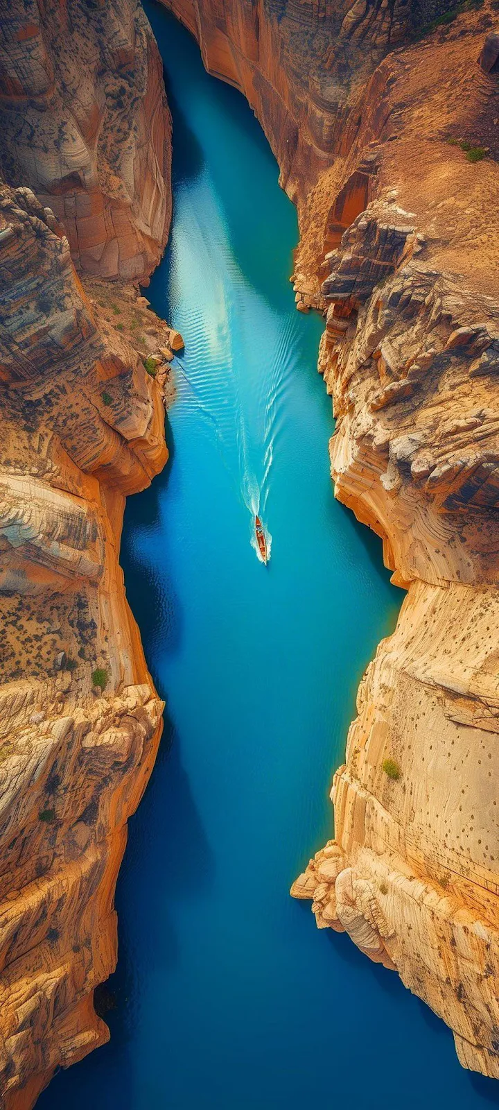 Boat Cruising Through Canyon - Aerial Photography iPhone Wallpaper (922x2048)