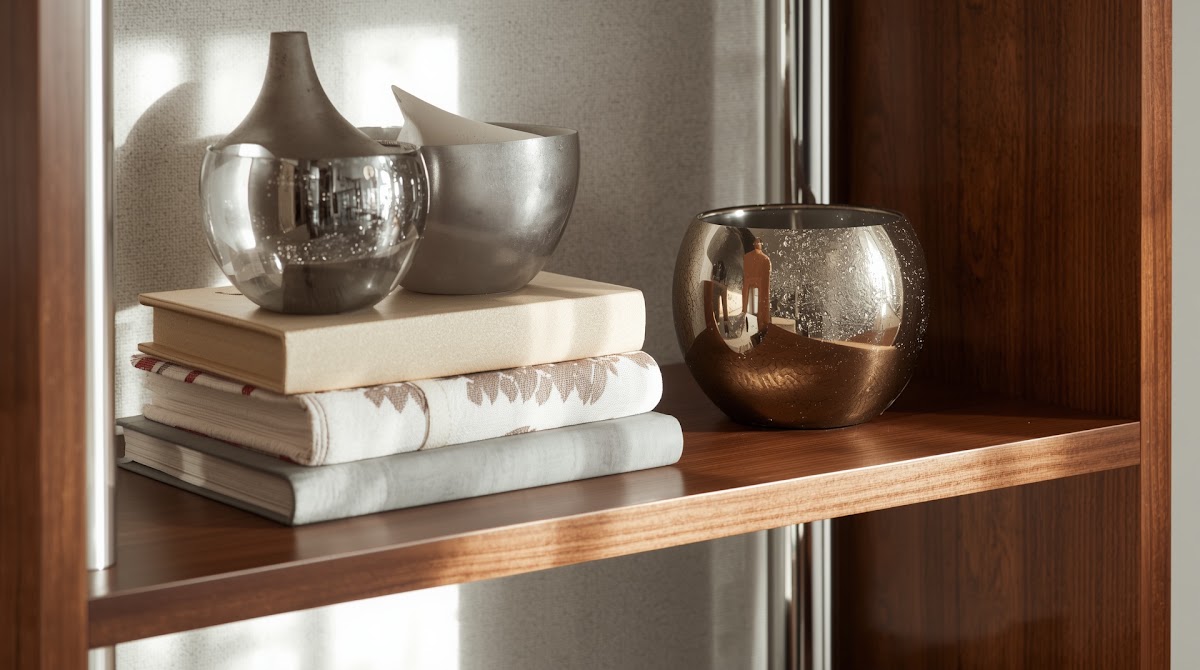 How to Style Chrome Decorative Objects on Open Wood Shelves - chrome decorative objects arranged on a warm wood console