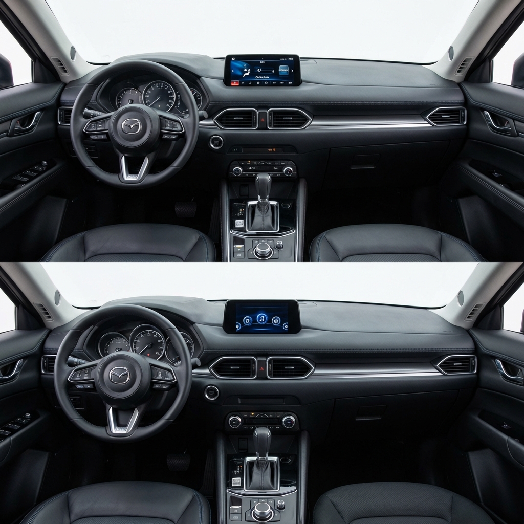 Close up full frame interior of mazda cx 5 for sale showing infotainment screen and driver controls highlighting trim differences and tech features on clean white background