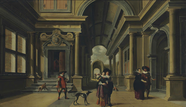 Elegant figures in a courtyard 1628