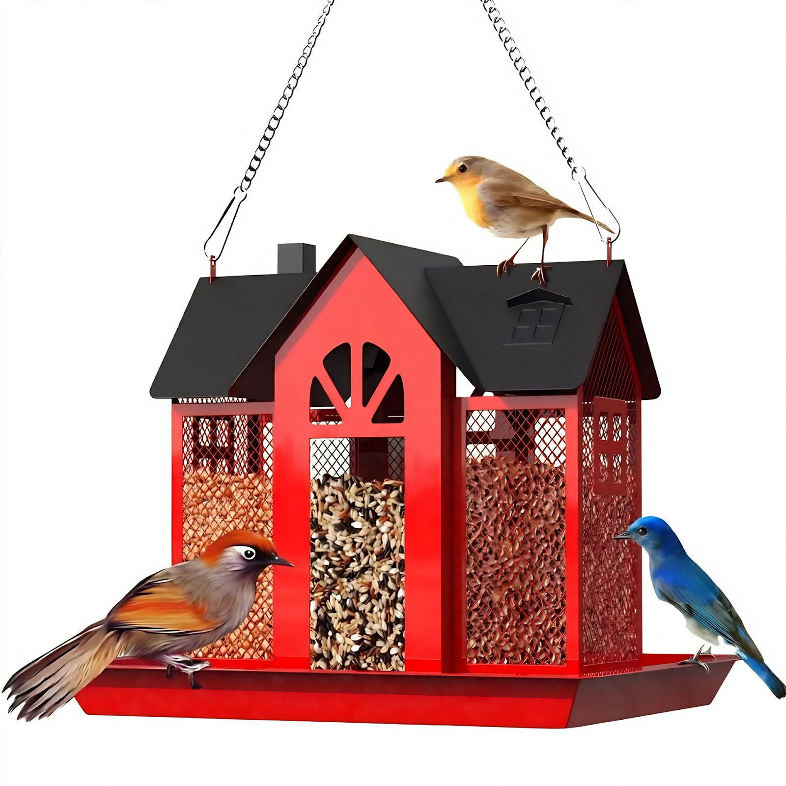 Metal birdhouse with chain for hanging decoration
