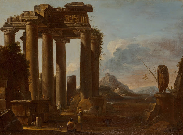 A ruined classical temple of the Tuscan order with figures circa 1650 60