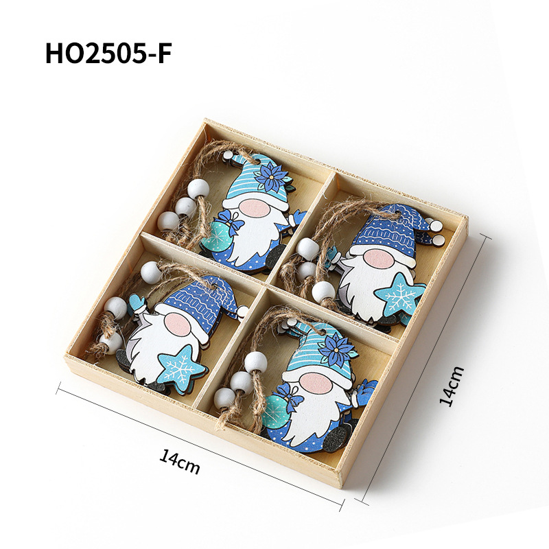Christmas Wooden Ornament Set, 4-piece box with gnome motifs