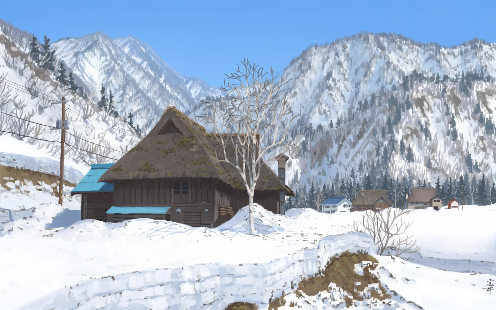 Traditional Japanese Winter Village - Digital Art 4K Wallpaper (3840x2400)