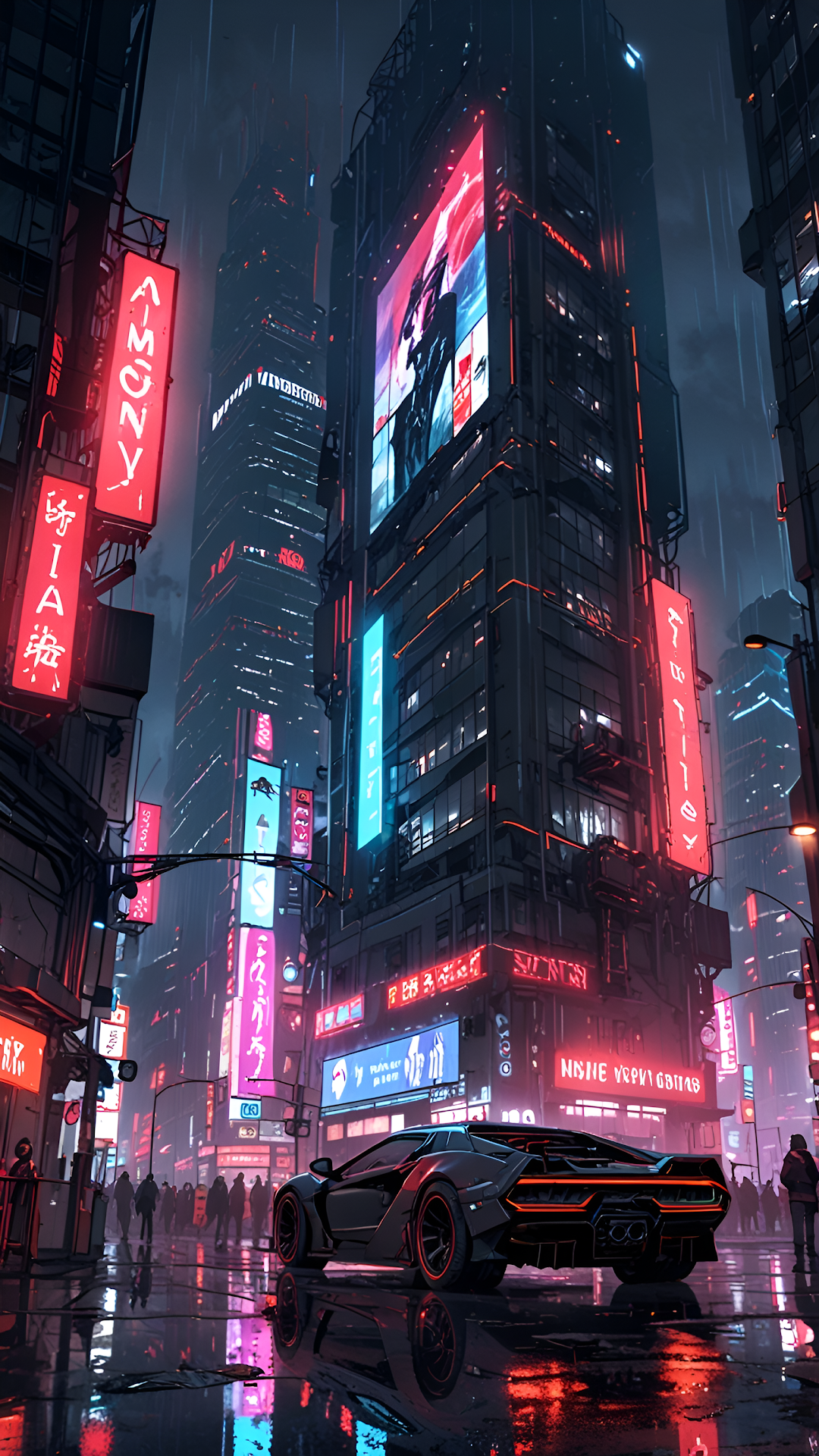 Sleek Black Sports Car in Rainy Neon Cyberpunk City - Free 4K mobile Wallpaper