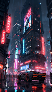 Sleek Black Sports Car in Rainy Neon Cyberpunk City