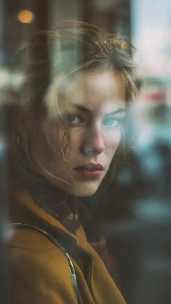 Reflejo en una ventana de cristal, composición en capas, sujeto de una hermosa mujer parcialmente oculta.
