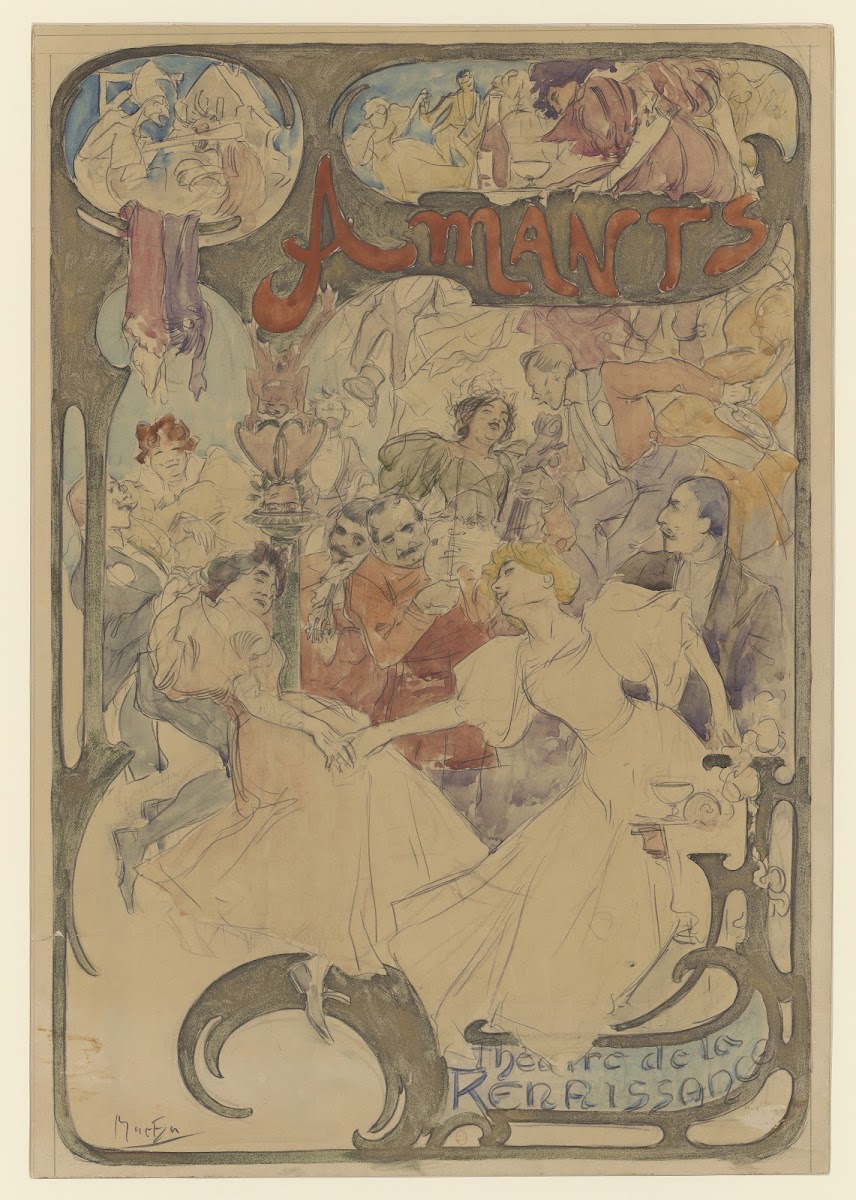 Amants maquette daffiche hommes et femme entourant des musiciens 1895