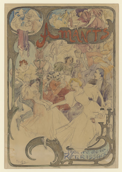 Amants maquette daffiche hommes et femme entourant des musiciens 1895