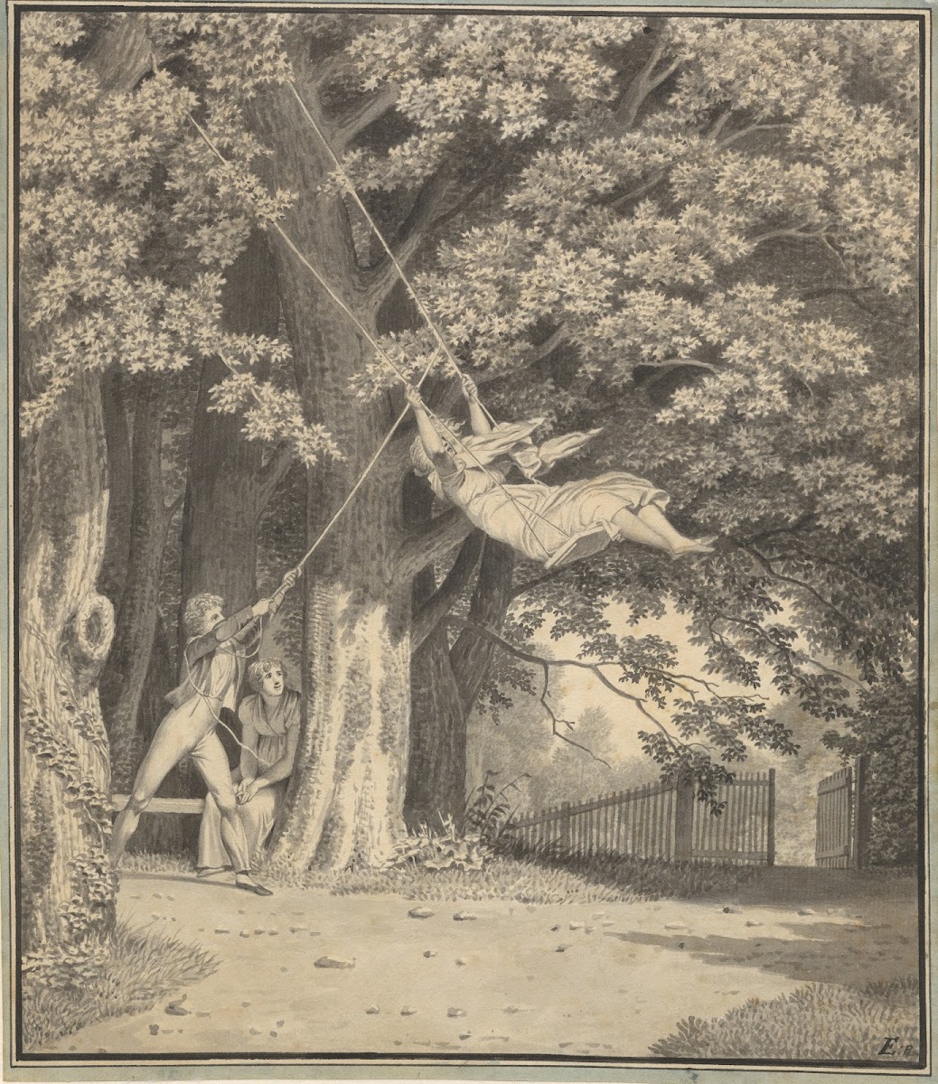 Skovparti ved Skjoldnæsholm med en ung mand der gynger en ung pige 1810