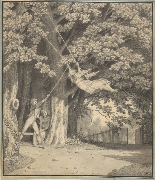 Skovparti ved Skjoldnæsholm med en ung mand der gynger en ung pige 1810
