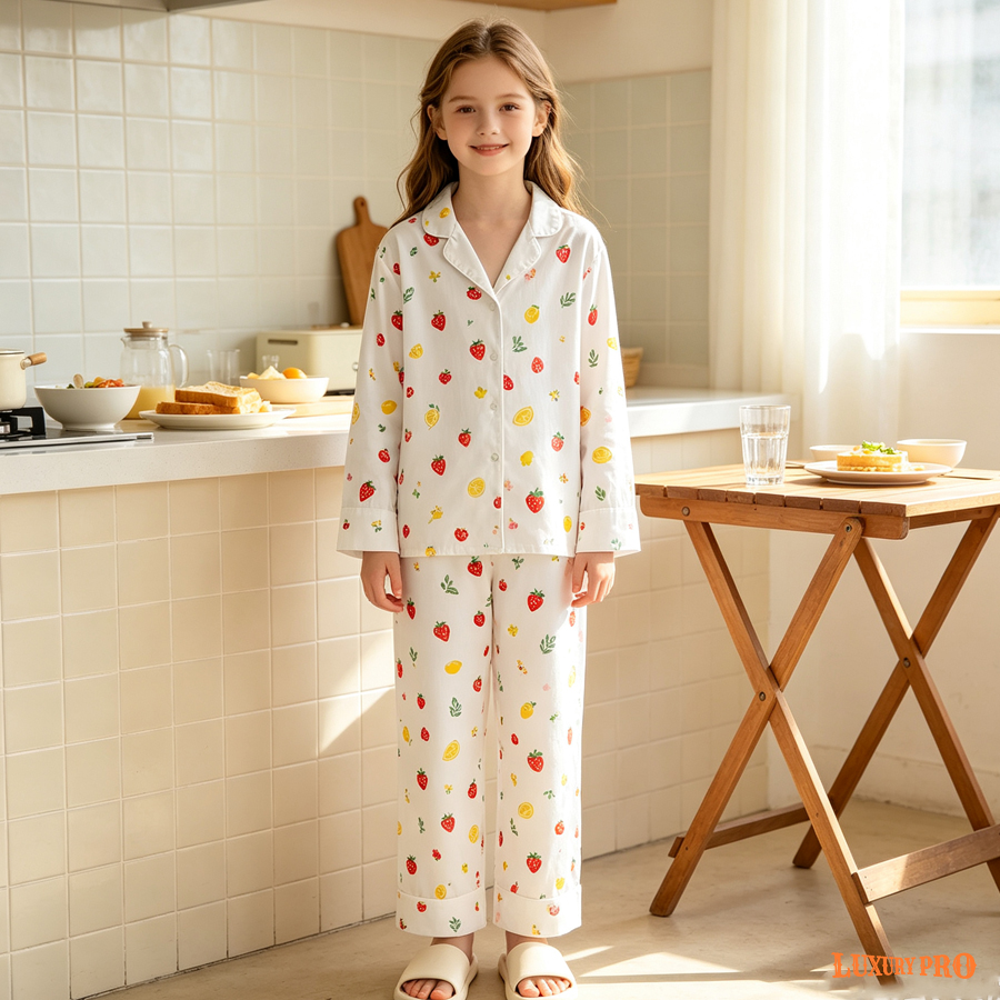 AOP Children's long sleeved shirt pajama set with bound edges and no pockets