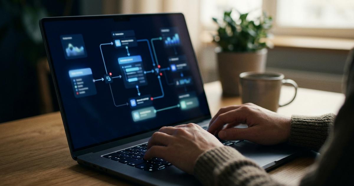 Automatizare AI a fluxurilor de lucru pe ecran de laptop cu blocuri de proces conectate