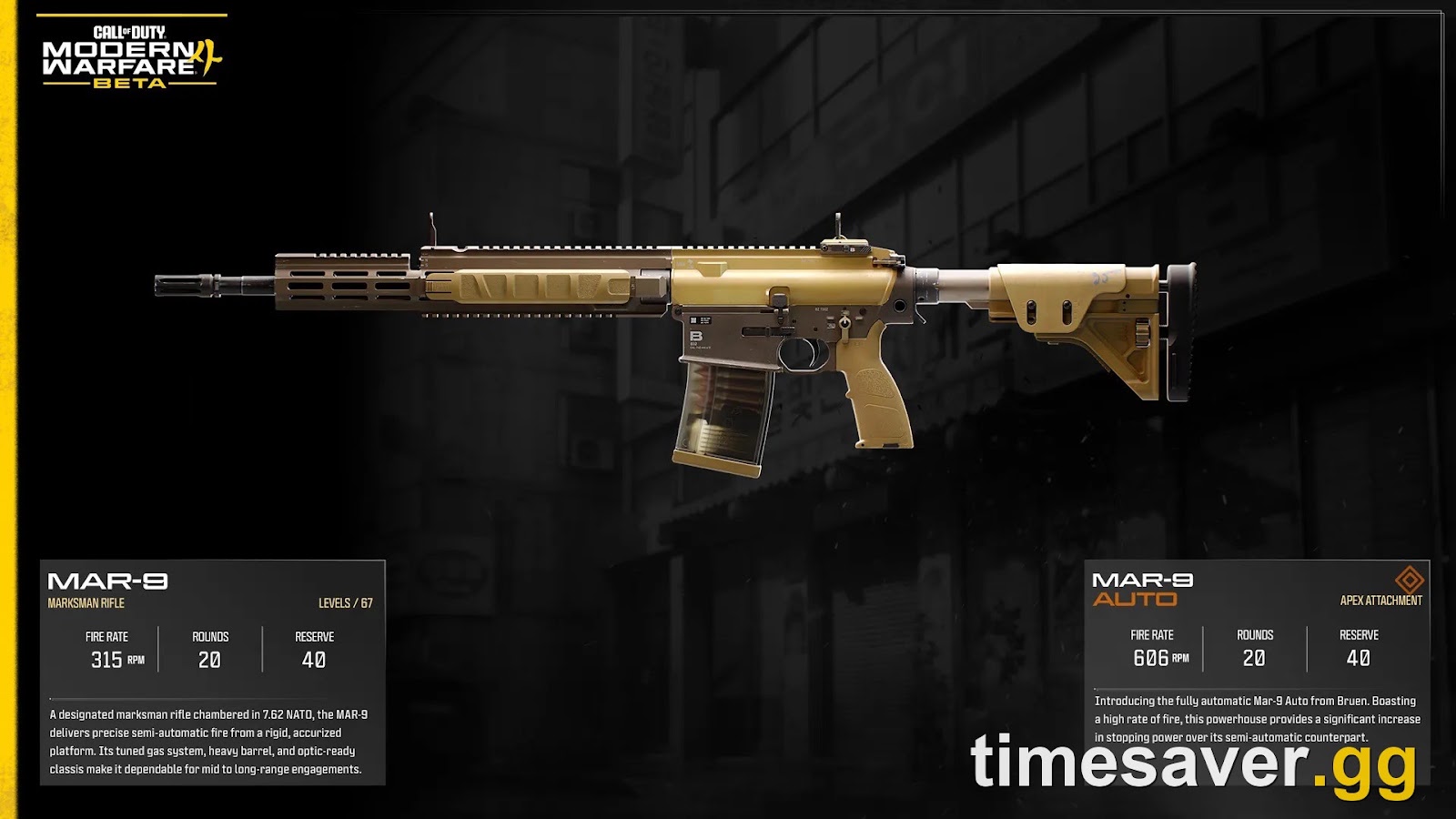 Modern Warfare 4 beta MAR-9 marksman rifle weapon card showing fire rate and stats