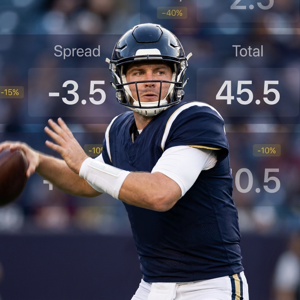 Close up of quarterback preparing to throw with a semi transparent odds board blurred in the background showing vikings super bowl odds minimal Funded Plays color palette