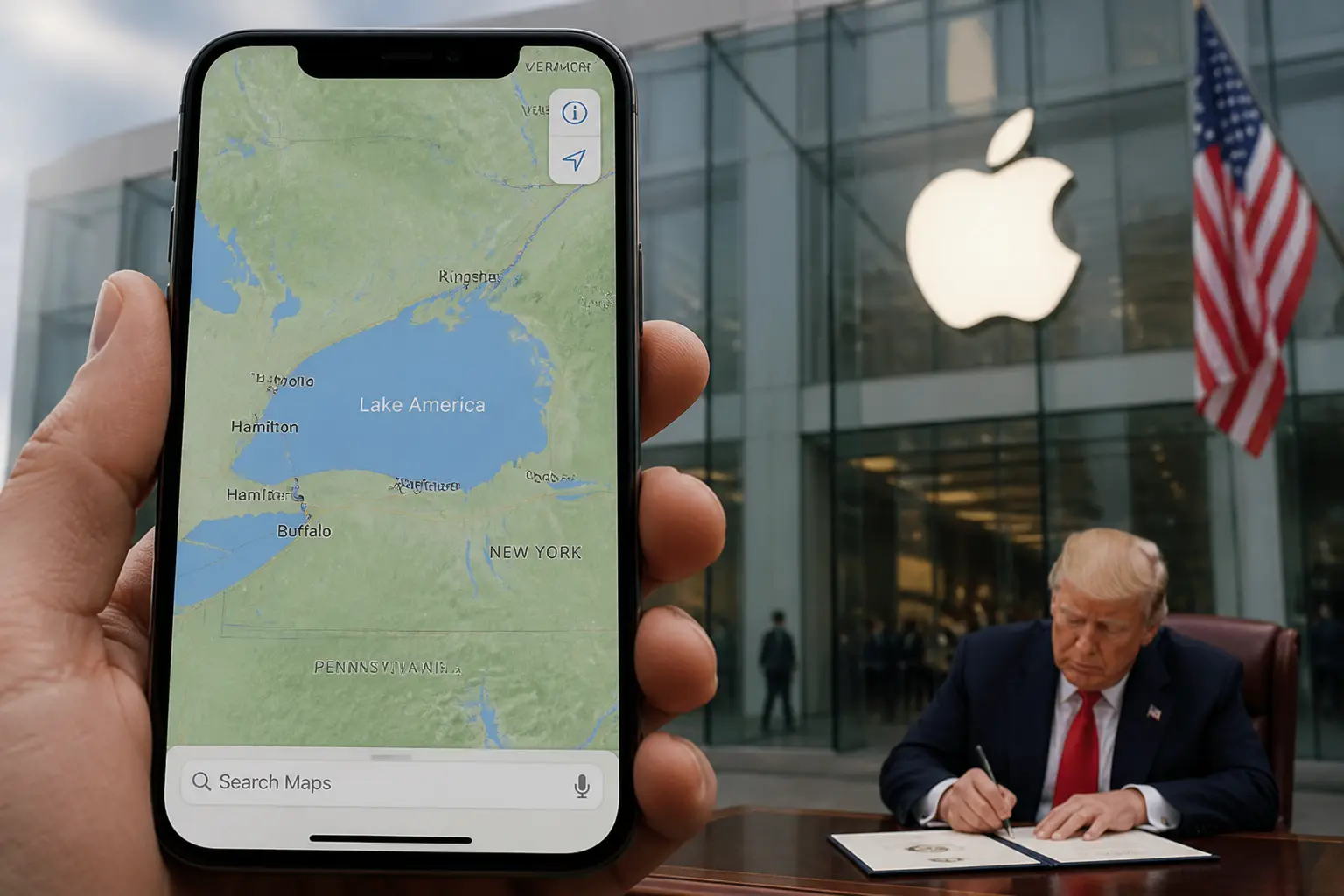 Editorial image for Apple Maps renames Lake Ontario as Lake America for US users following Trump order