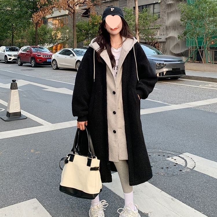 Long lamb fleece coat with hood and tie belt