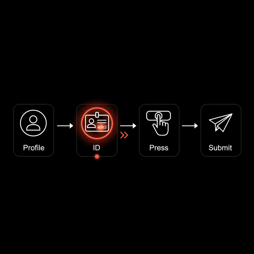 Minimal full-frame infographic for instagram verification showing four steps: Profile > ID > Press > Submit with flat vector icons on black background and brand accents.