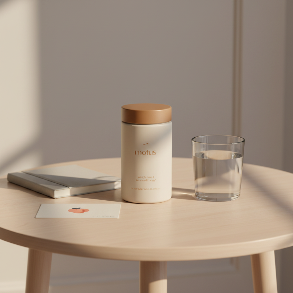 Motus supplement jar on a round wooden table with a glass of water, folded journal and berry icon card in soft morning light — probiotics for menopause patients, Tonum palette.