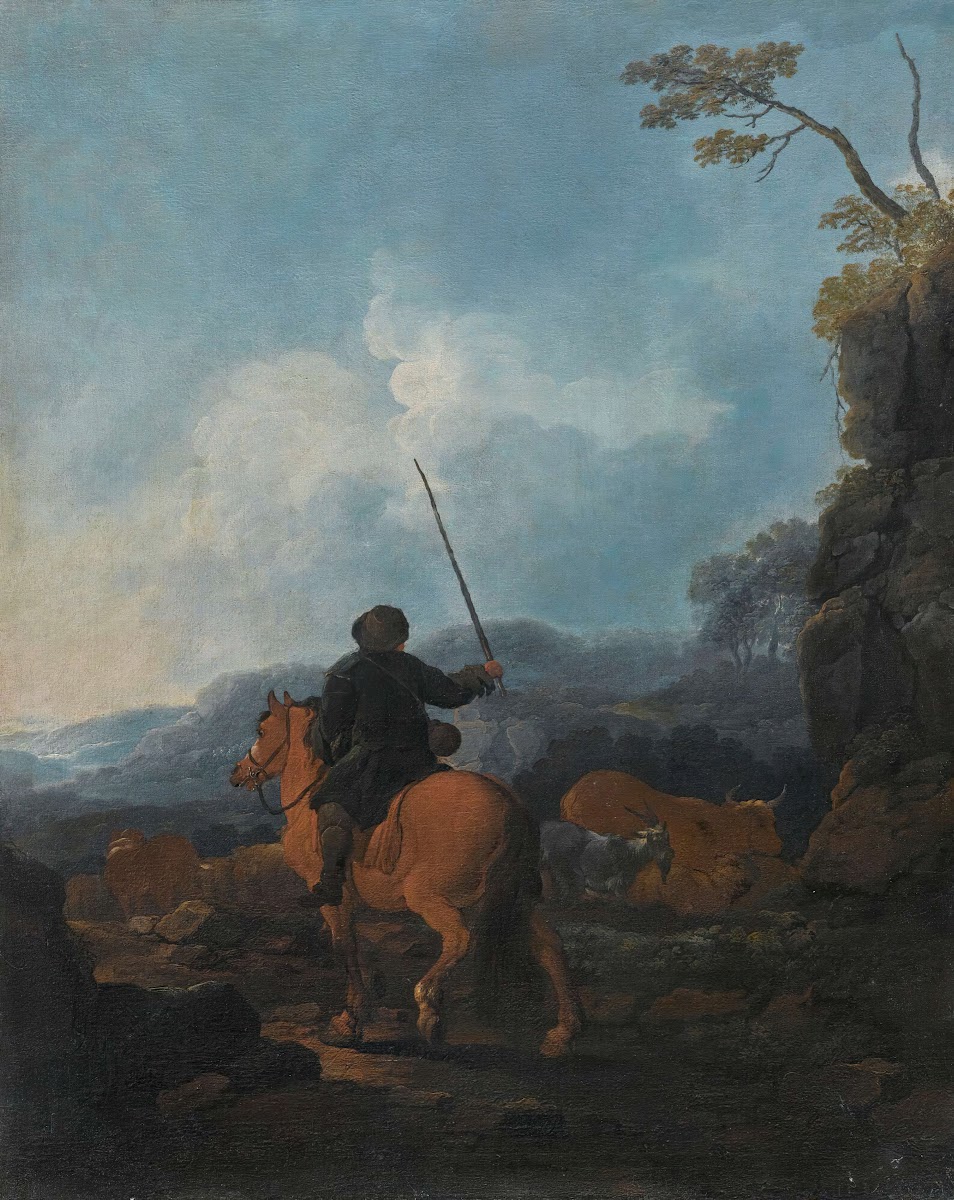 A shepherd riding a horse and leading his flock in a landscape 1706