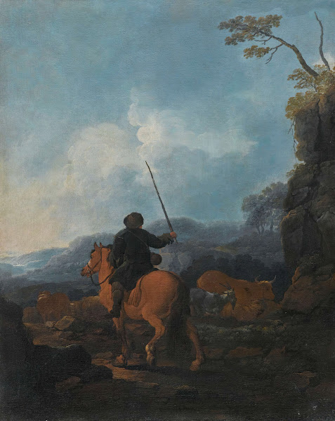 A shepherd riding a horse and leading his flock in a landscape 1706
