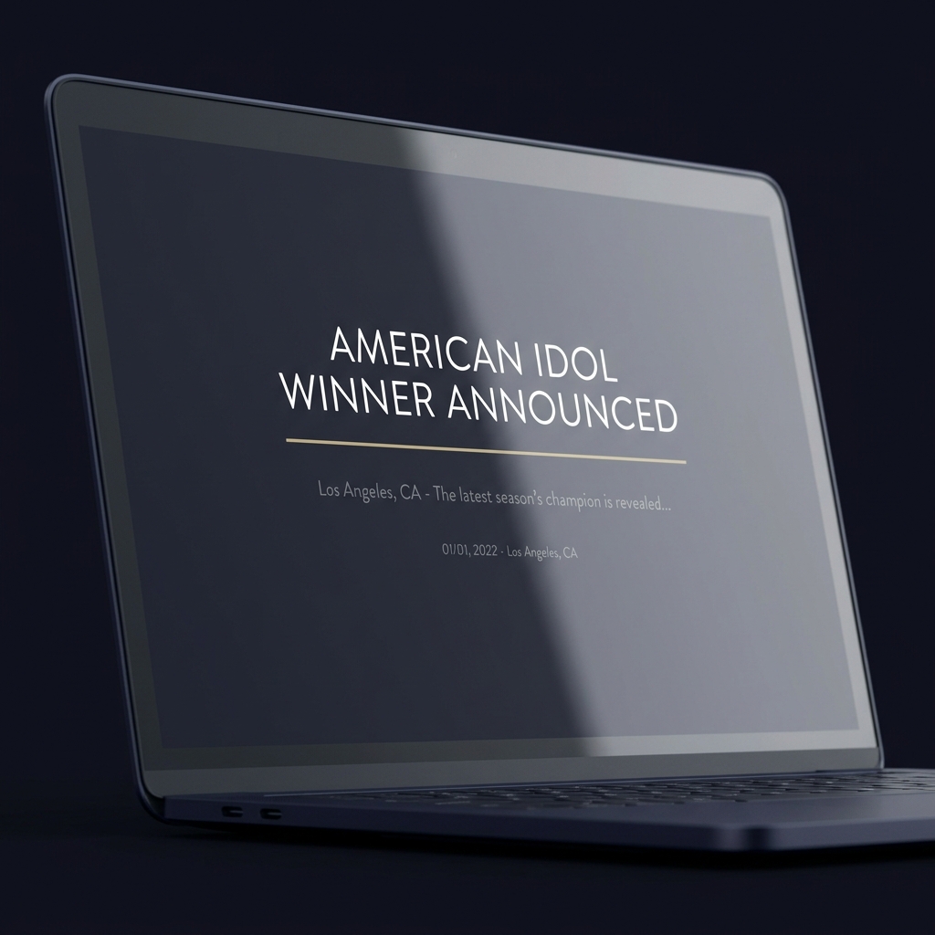 Close up laptop screen showing a clean press release headline about an American Idol winner with american idol odds mentioned in the article minimalist Funded Plays dark brand styling
