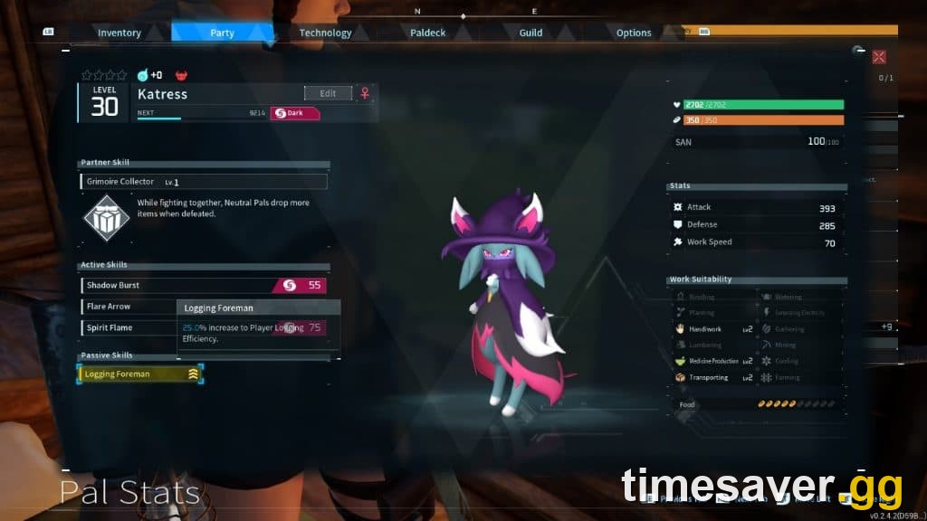 The Palworld Pal Stats panel showing a Pal's Partner Skill, Active Skills, Passive Skills and Attack/Defense stats