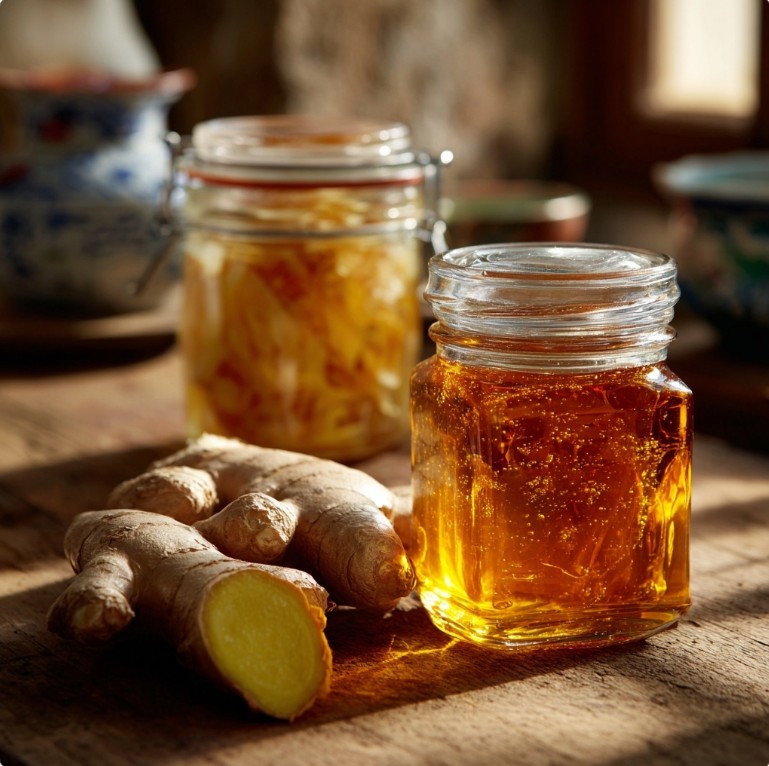 생강과 꿀이 놓인 한국 주방