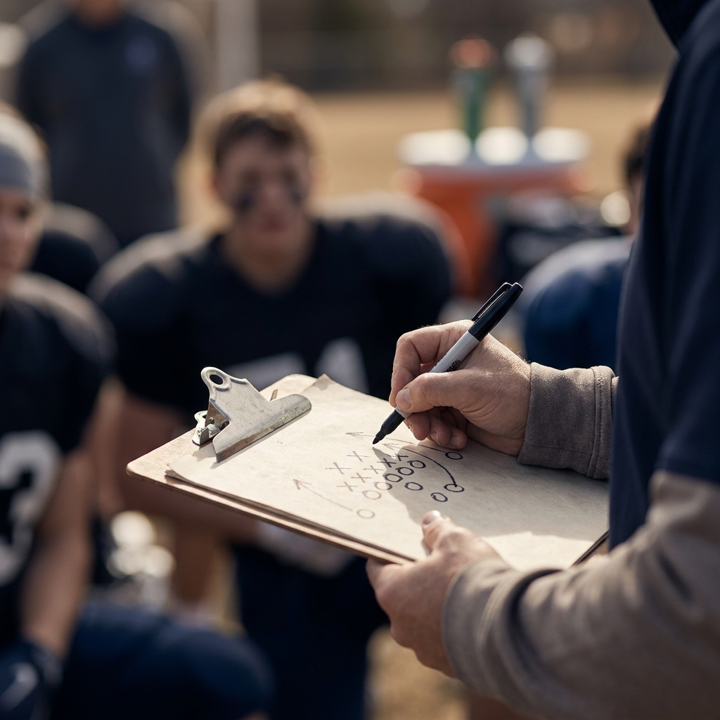 Close up of a coach scribbling plays on a clipboard at preseason practice illustrating How Coaching Changes Affect Early-Season Markets minimalistic Funded Plays palette dark navy background warm accents