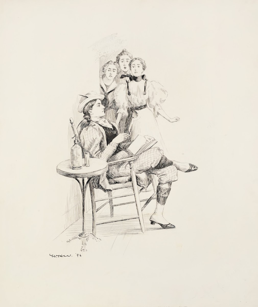 Three women in dresses look shocked at another woman who is reading wearing a su