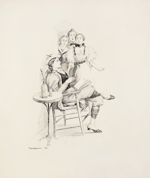 Three women in dresses look shocked at another woman who is reading wearing a su