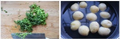 Chuẩn bị các nguyên liệu. Khoai tây mua về rửa sạch, để ráo rồi gọt vỏ. Hành lá, rau mùi tây, lá bạc hà rửa sạch rồi băm nhuyễn. Khoai tây cho vào nồi luộc khoảng 15-20 phút cho đến khi chín thì vớt ra để nguội.