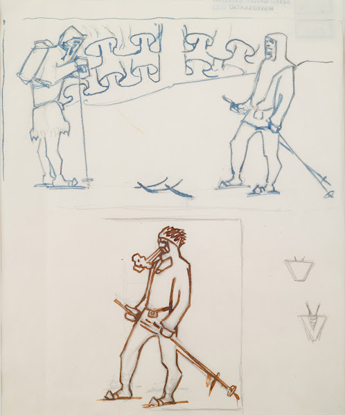 The Great Kalevala sketch for page 1 skiers meet 1925